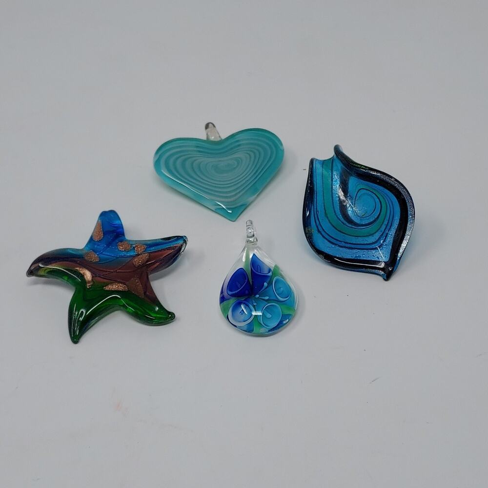 Murano Venetian Glass Artisan Pendant Bundle Lot 4 Blue Tones Floral Beach Heart